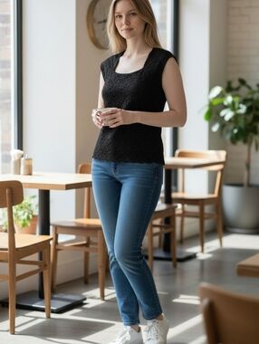 Coldwater Creek Black Lace Cap-Sleeve Shell Sz M L